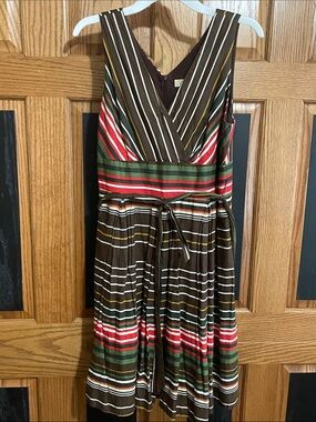 Dress Barn Brown Midi Dress with multi-color Stripes. Fully lines for comfort